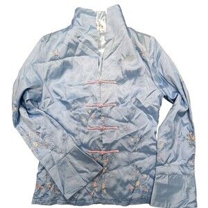 Wei Na Si Embroidery Embellished Frog Closure Silk Floral Jacket Light Blue Sz M